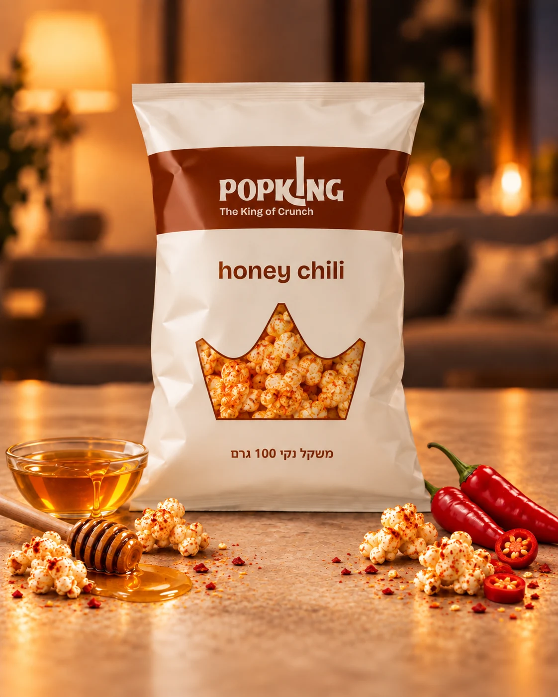 אריזת Popking בטעם דבש וצ׳ילי לצד דבש ופלפלים