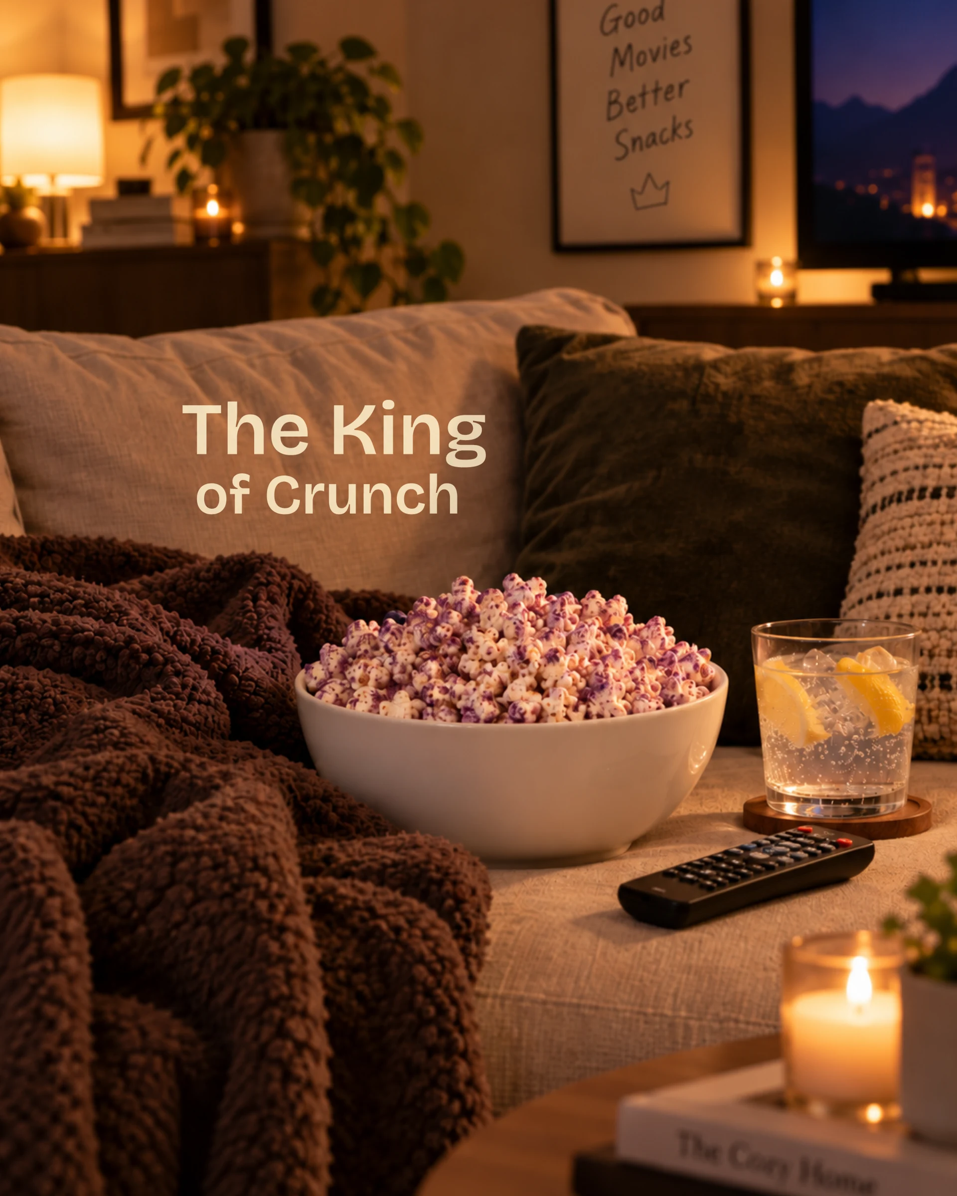 קערת פופקורן לצד הכיתוב The King of Crunch