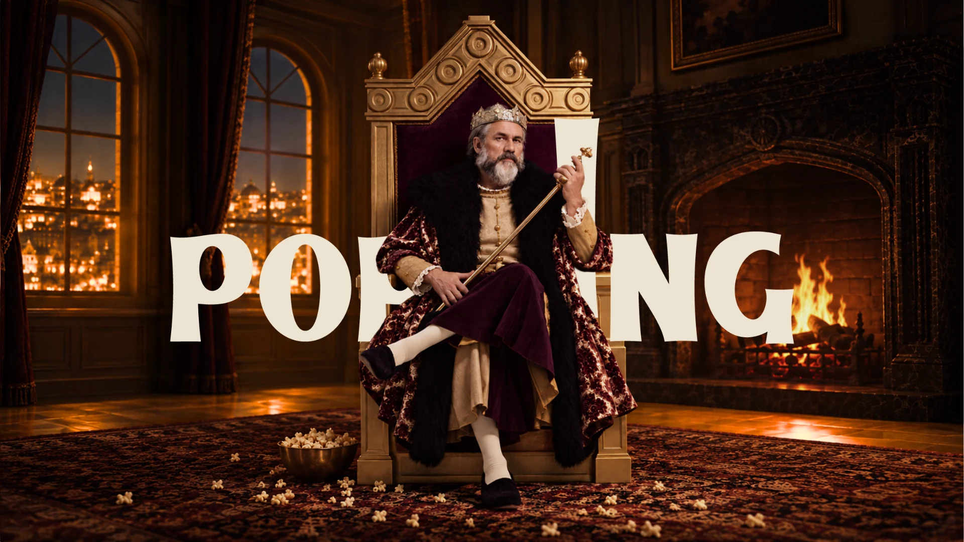 דמות מלך עם פופקורן ולוגו Popking מואר