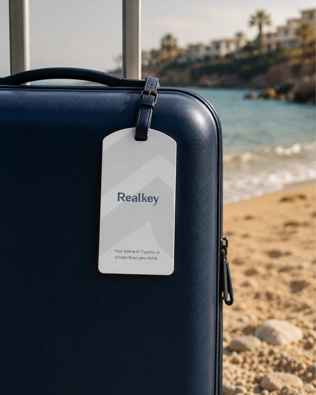 תג מזוודה ממותג של Realkey על שפת הים