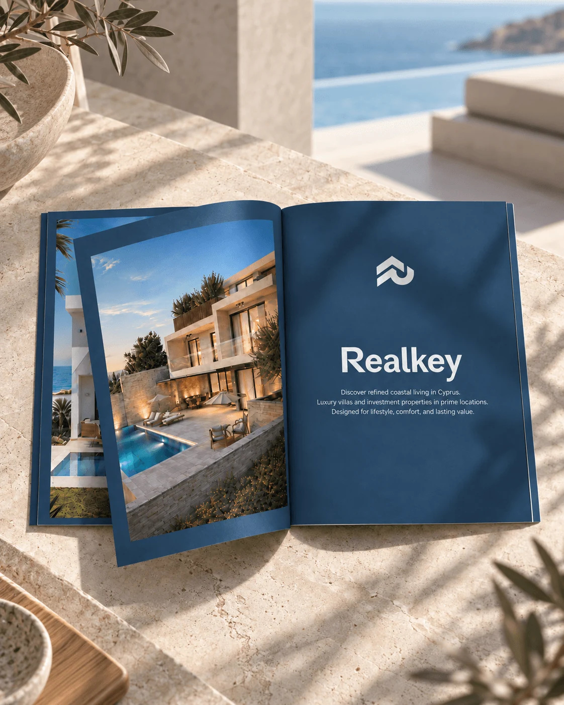 חוברת נדל״ן של Realkey בגווני כחול מול הים
