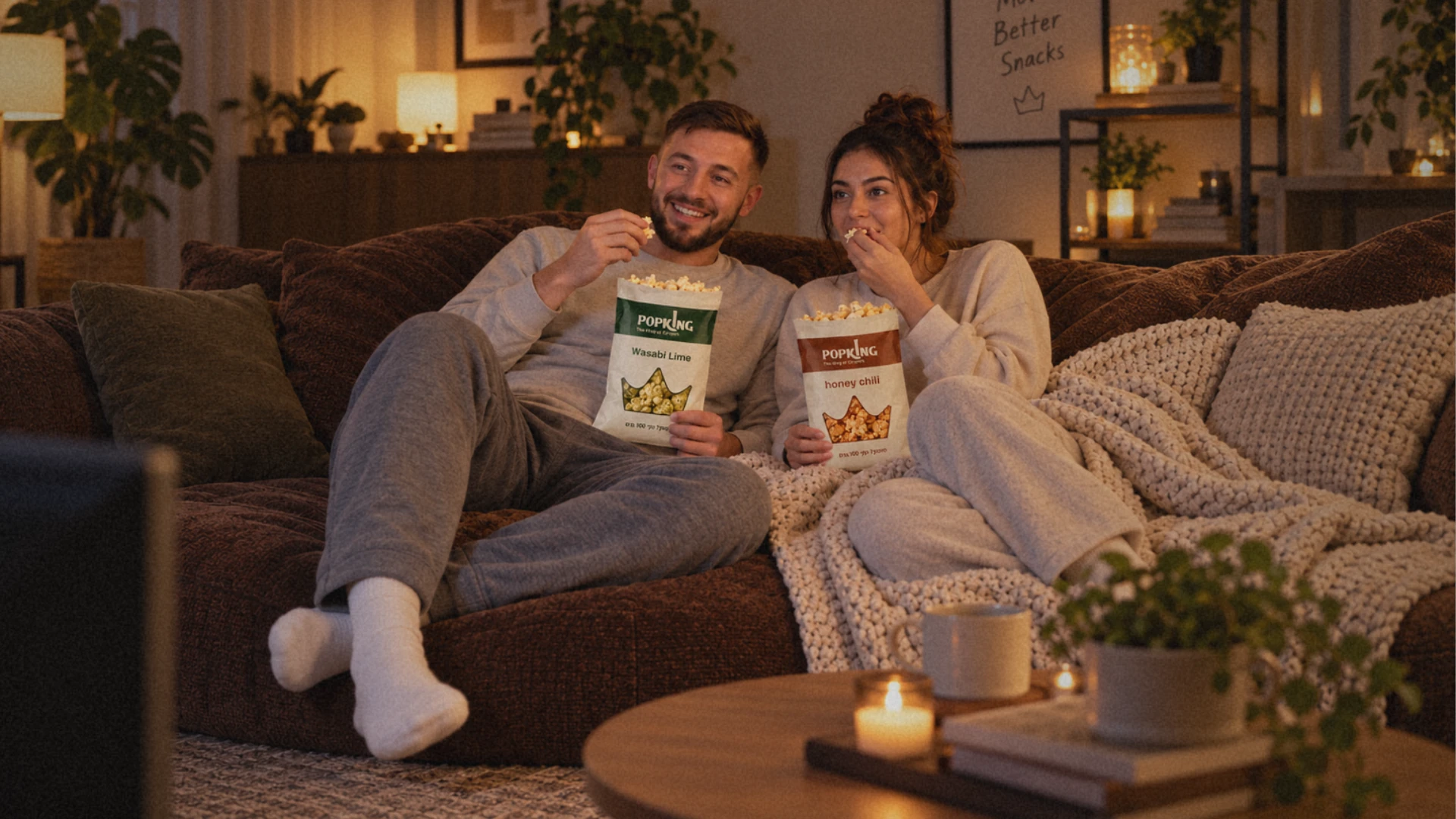 קאבר Popking: זוג על ספה עם אריזות הפופקורן הממותגות